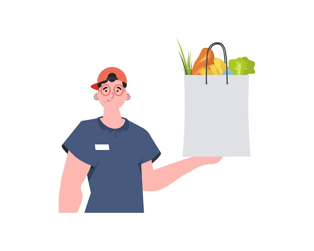 Un hombre entrega un paquete de productos Productos para el hogar Entrega de alimentos Vector de estilo de dibujos animados aislado