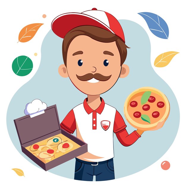 Hombre de entrega de pizza sonriente sosteniendo una caja de pizza y una rebanada de pizza