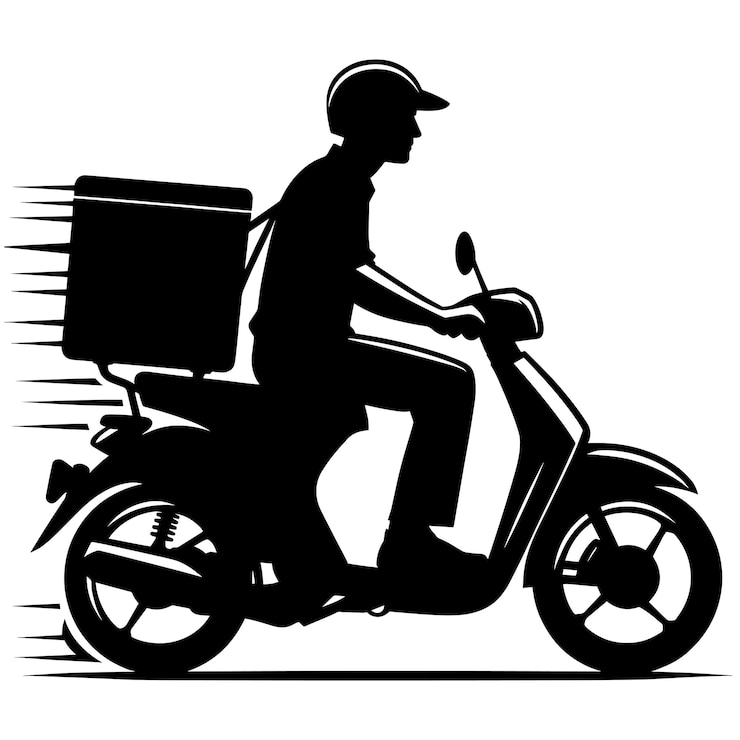 Hombre de entrega en scooter con ilustración vectorial de la silueta del paquete en fondo blanco
