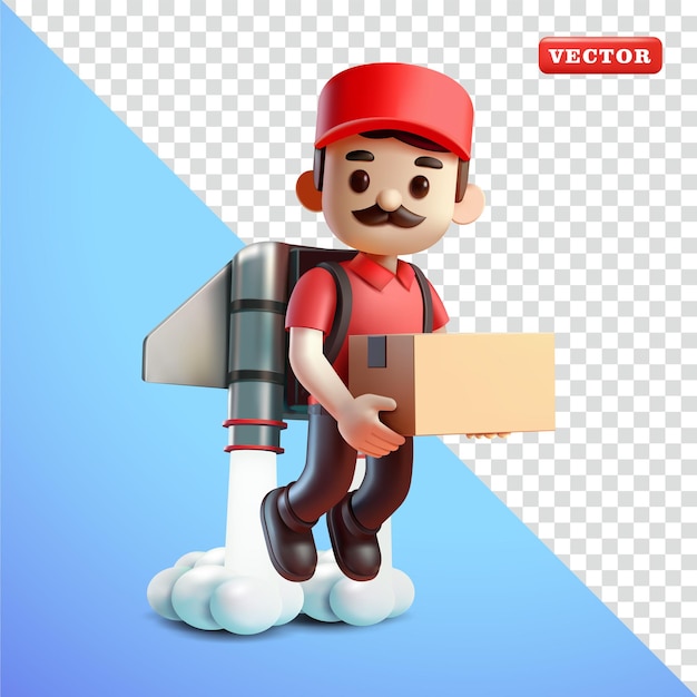 Hombre de entrega volando con jetpack mientras sostiene cartón vector 3d adecuado para elementos de negocios y diseño