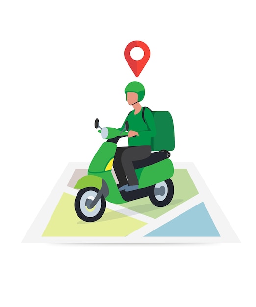 El hombre de las entregas montando una motocicleta con la ilustración de la caja