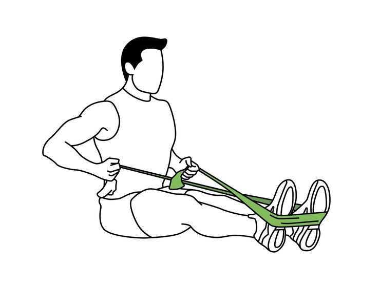 Hombre entrenando remo sentado con un elástico Ejercicio de fitness postura músculos del gimnasio Línea negra