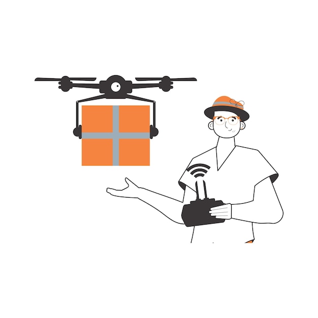 Un hombre envía un paquete con un concepto de entrega de aire drone estilo lineal minimalista aislado sobre fondo blanco ilustración vectorial