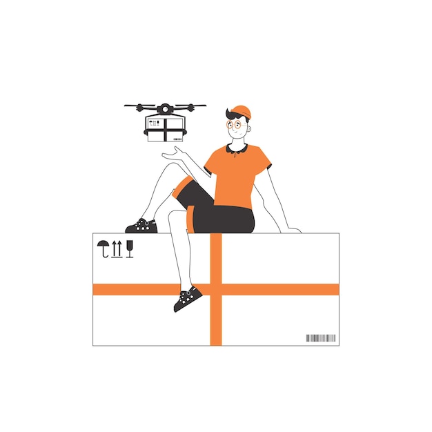 Un hombre envía un paquete con un concepto de entrega de drones estilo lineal minimalista aislado en fondo blanco ilustración vectorial