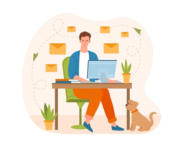 Hombre enviando correos electrónicos empleado trabajador del departamento de marketing personaje trabajando en la oficina del proyecto