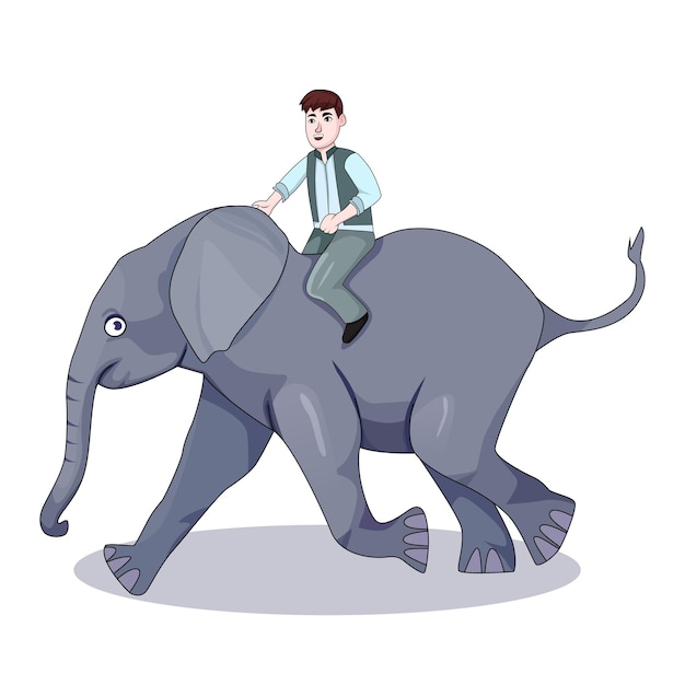 hombre, equitación, un, elefante, caricatura, ilustración, fondo blanco