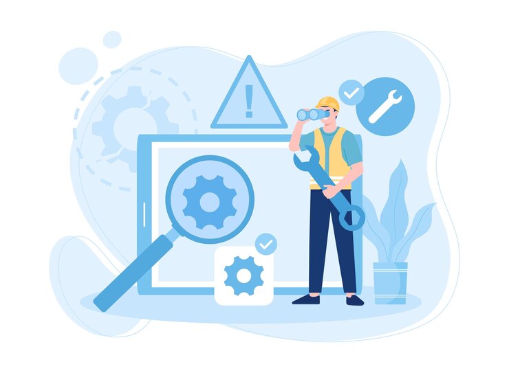 Vector el hombre es el dispositivo de comprobación para el concepto de reparación ilustración plana