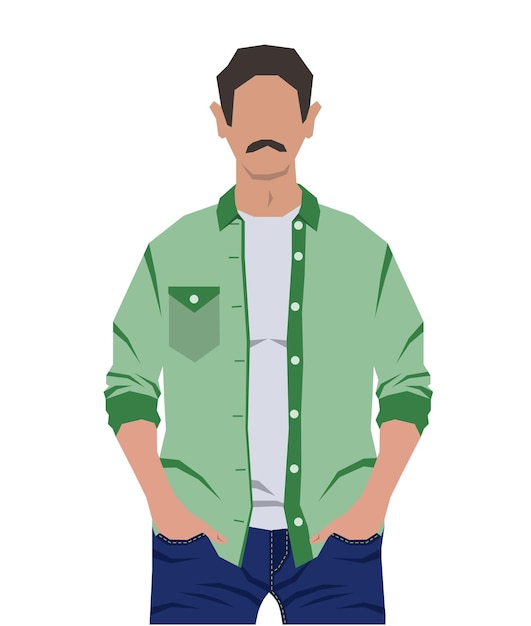 Vector el hombre es un personaje masculino moderno de pie con las manos en los bolsillos símbolos ilustración plana vectorial