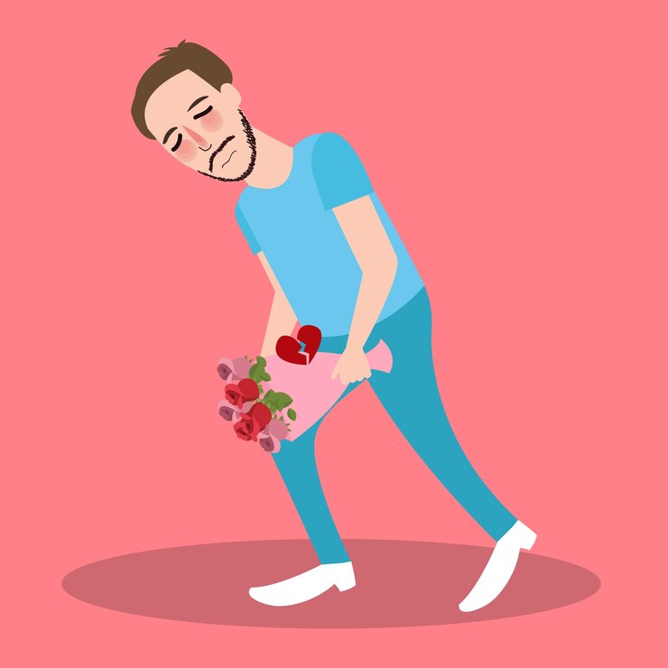 Vector el hombre es rechazado por su novia, su corazón está roto, trae flores.