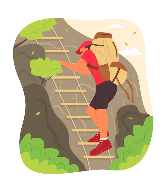 hombre, escalada, en, un, roca, montaña, concepto, ilustración