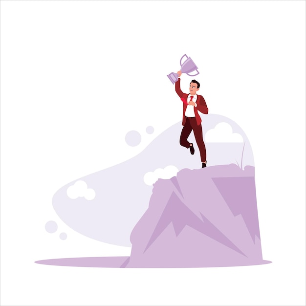 Hombre escalando una montaña sosteniendo un trofeo Éxito de superación personal y concepto de propósito de vida
