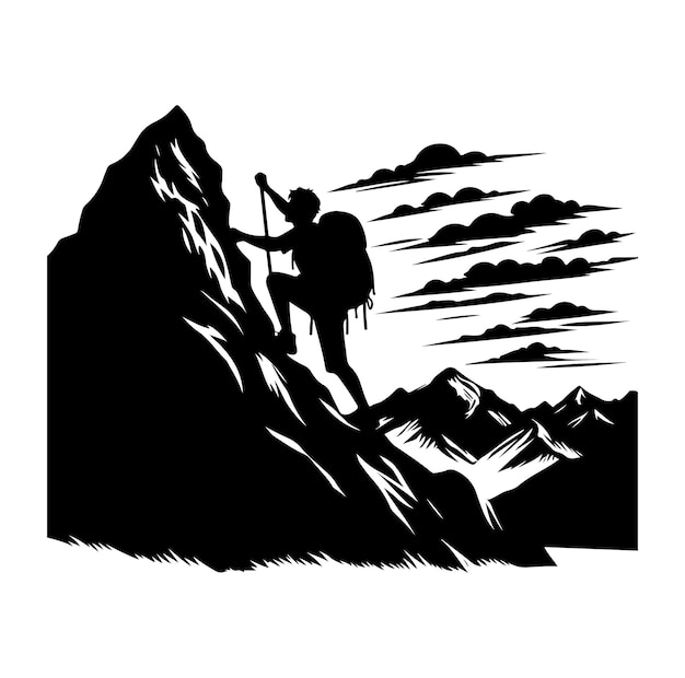 Vector un hombre escalando una montaña vector icono de escalada de montaña icono de senderismo símbolo del vector de escalada de montaña ilusión.