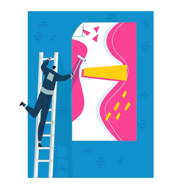 Hombre en una escalera rueda pintura en la pared creando arte abstracto trabajador en ropa casual pintando creatividad