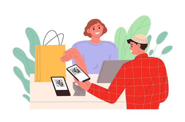 Hombre escanea un código QR en la caja de una tienda