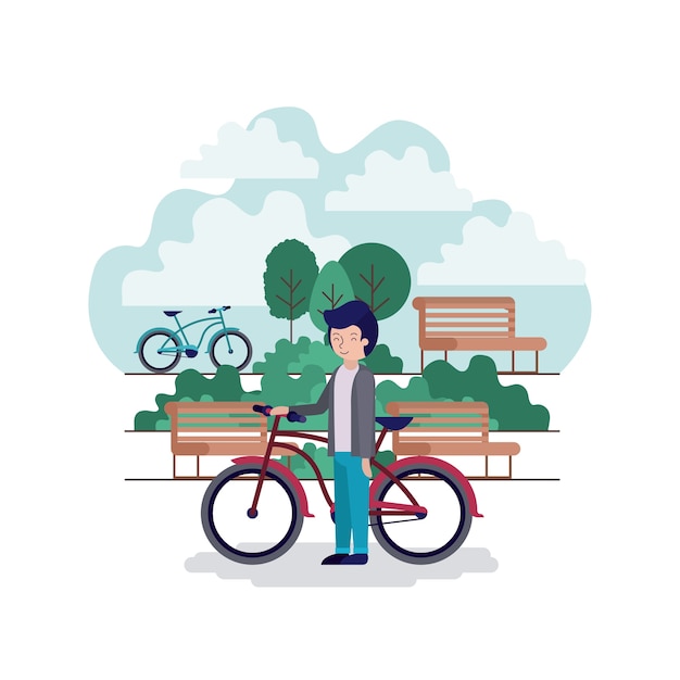 hombre en la escena del parque con silla y bicicleta