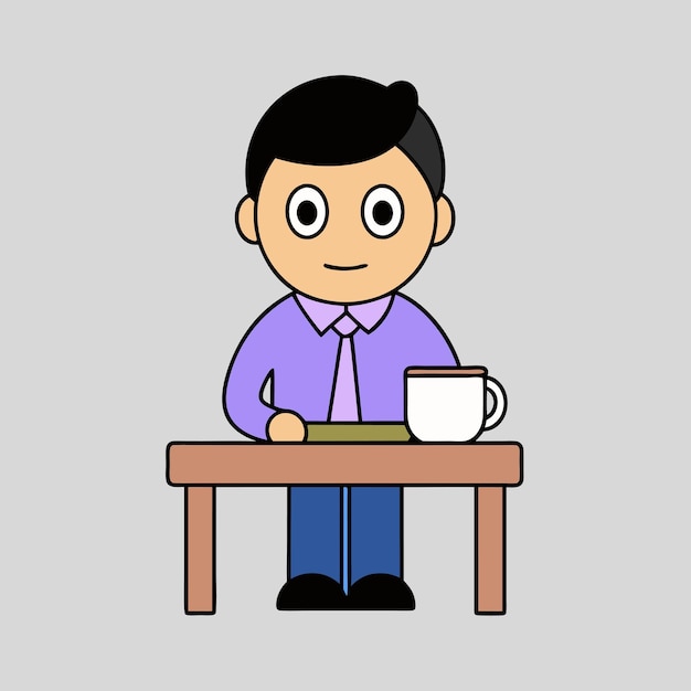 Un hombre en un escritorio con diseño gráfico vectorial de café