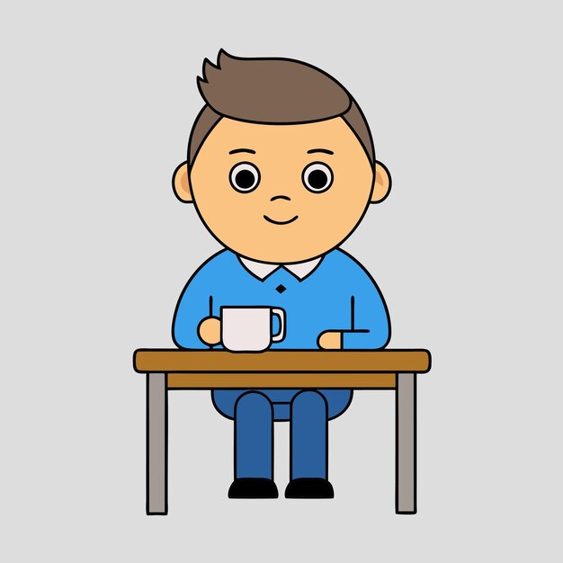 Un hombre en un escritorio con diseño gráfico vectorial de café