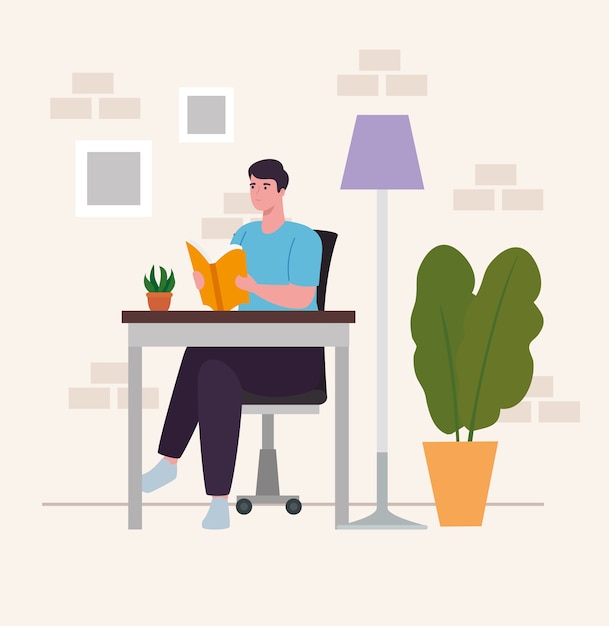 Hombre en el escritorio leyendo un libro en el hogar diseño de actividad y ocio