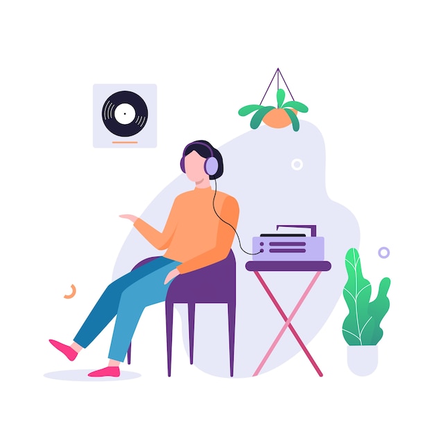 El hombre escucha la música en auriculares. Persona del sexo masculino y sistema de sonido. ilustración