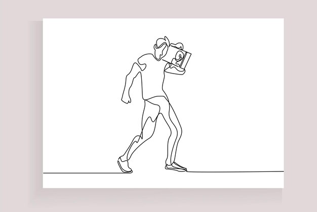 hombre escuchando una canción sosteniendo una vieja grabadora de radio alrededor de su cuello