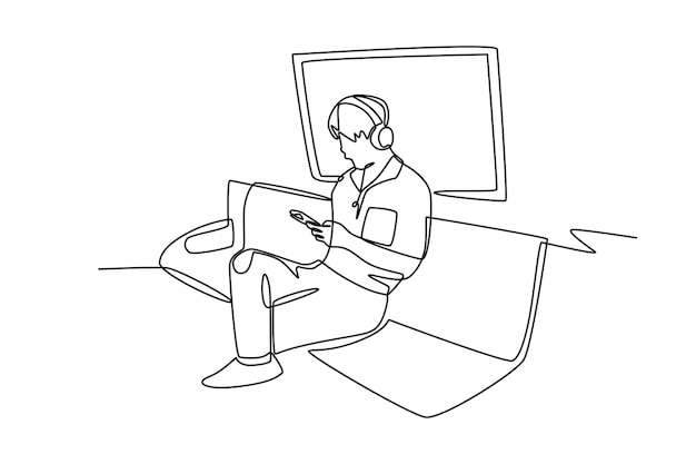 Hombre escuchando música en el tren Escuchando música en un concepto de tren dibujo en línea