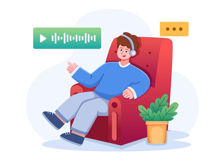 Vector hombre escuchando podcast de audio en un teléfono inteligente con auriculares. concepto de transmisión de radio en línea.