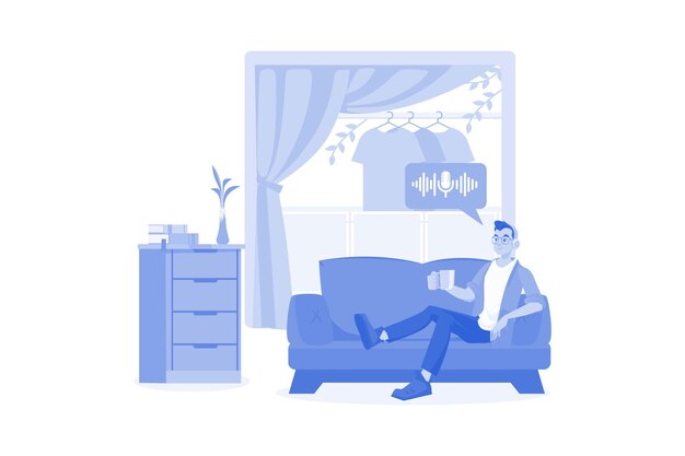 Hombre escuchando el podcast mientras está sentado en un sofá
