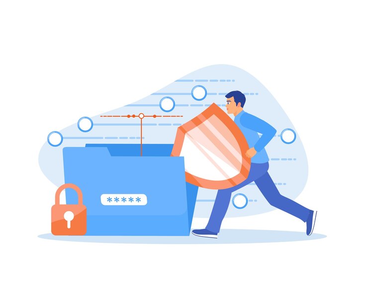 Vector hombre con un escudo de protección almacenar y proteger archivos de forma segura en servidores concepto de base de datos ilustración vectorial plana