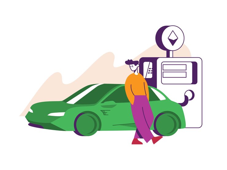 Vector hombre esperando que su auto llene gas ethereum