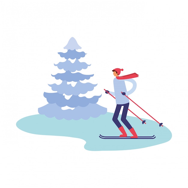Hombre con esqui y pino invierno temporada.