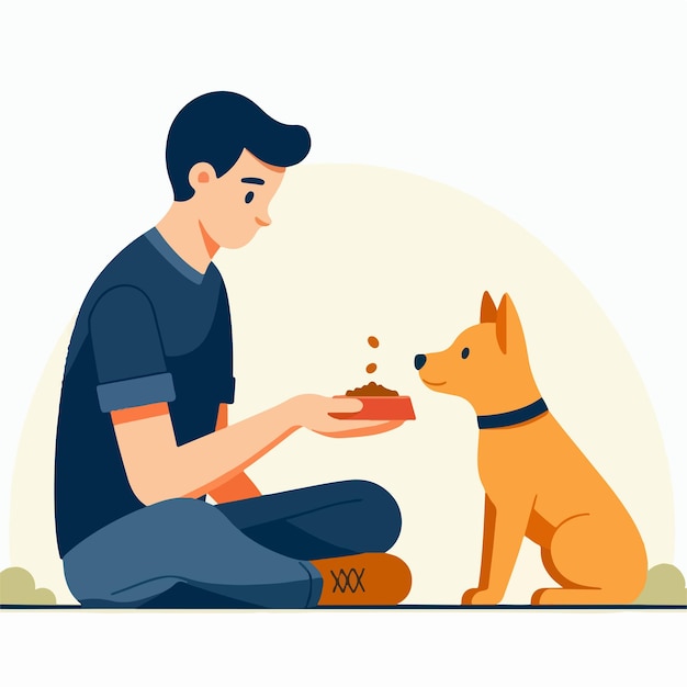 un hombre está alimentando a un perro ilustración de cuidado de mascotas