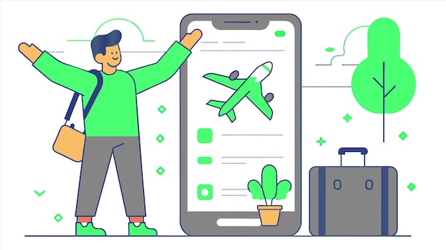 un hombre está apuntando a un teléfono celular con una imagen de una planta y un avión