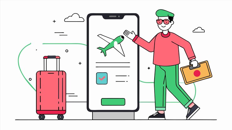 Vector un hombre está apuntando a un teléfono con un cohete en él
