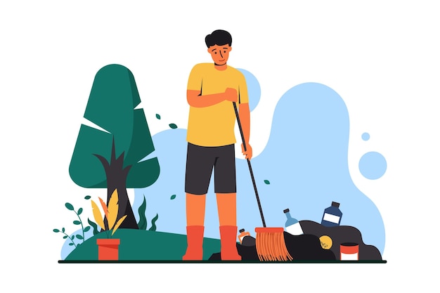 El hombre está barriendo el jardín.