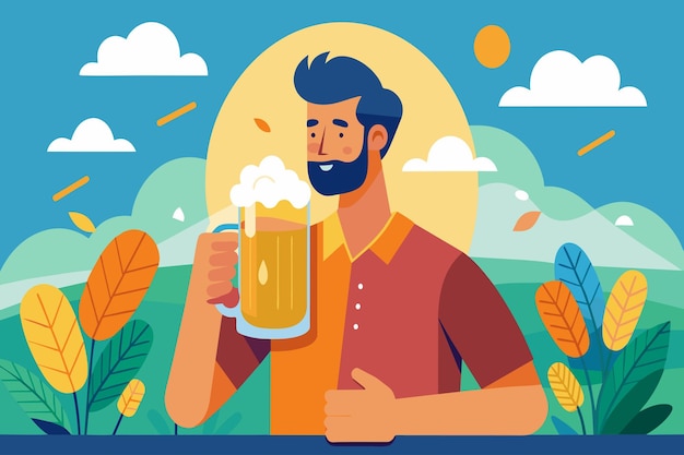 Un hombre está bebiendo una cerveza en un campo verde exuberante