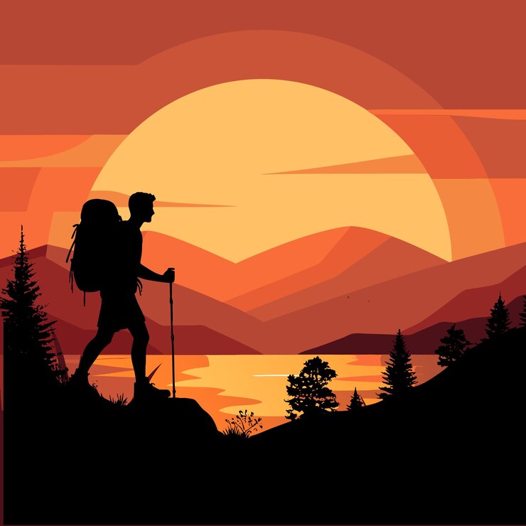 Vector un hombre está caminando frente a un lago con montañas y una puesta de sol senderismo silueta vector
