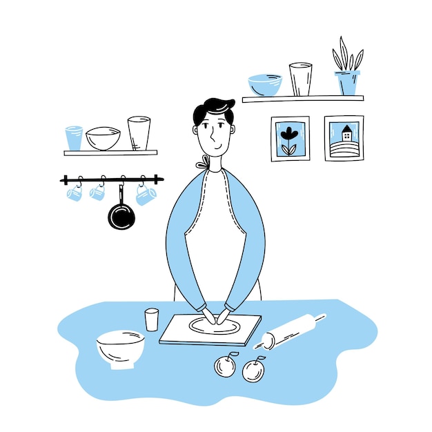 El hombre está cocinando en la cocina. Interior de cocina. Vector de garabato de dibujos animados planos.