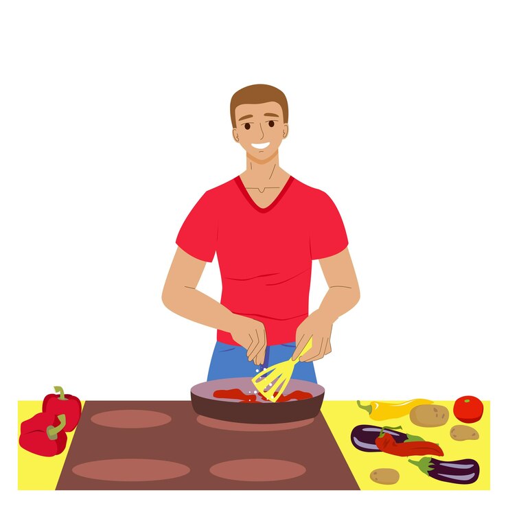 Vector hombre está cocinando hombre en la cocina preparar verduras comida casera stock vector ilustración