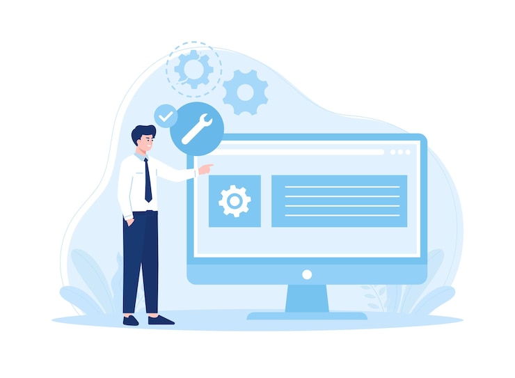 Vector un hombre está comprobando un dispositivo para reparaciones tendencia concepto ilustración plana