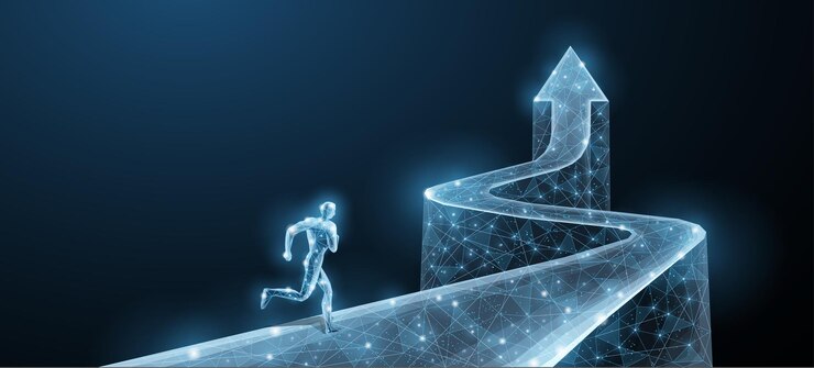 El hombre está corriendo en el camino que termina con una flecha hacia arriba oportunidad de crecimiento carrera de ensueño