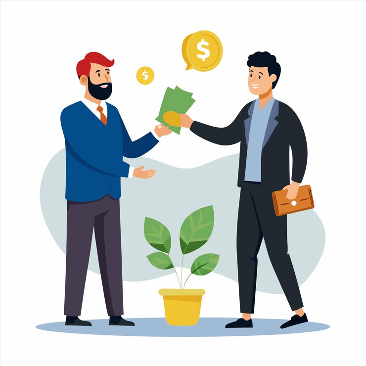 Vector un hombre le está dando dinero a otro hombre con una planta y una planta