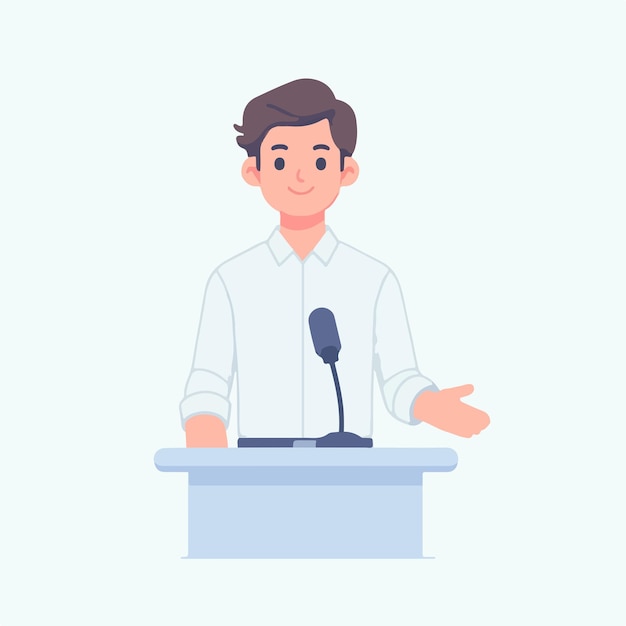 Un hombre está dando un discurso en un estilo de diseño plano simple