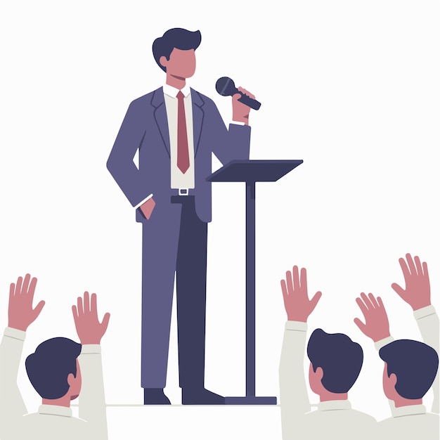 Un hombre está dando un discurso en un estilo de diseño plano simple
