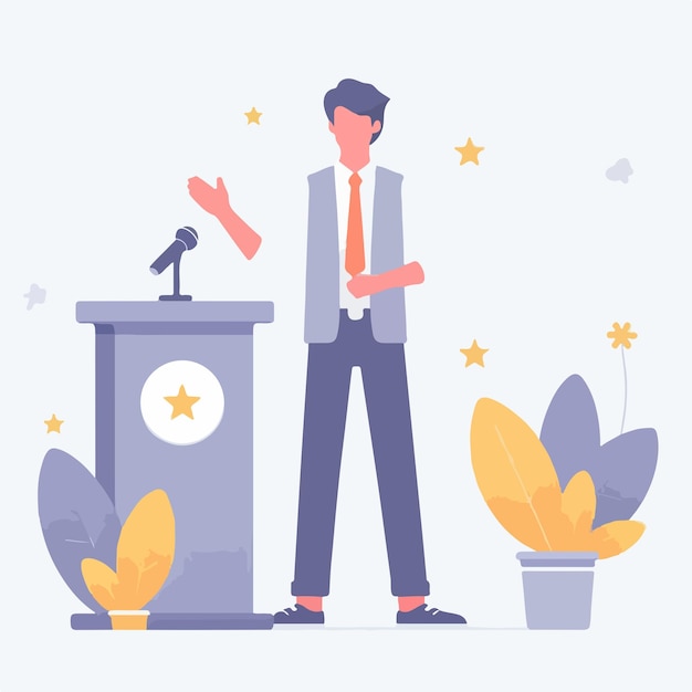 Un hombre está dando un discurso en un estilo de diseño plano simple