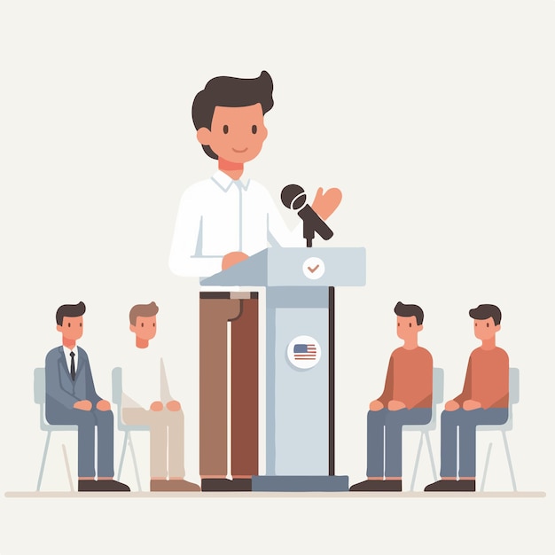 Un hombre está dando un discurso en un estilo de diseño plano simple