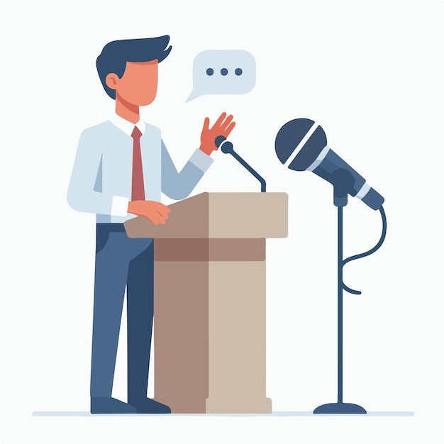 Un hombre está dando un discurso en un estilo de diseño plano simple