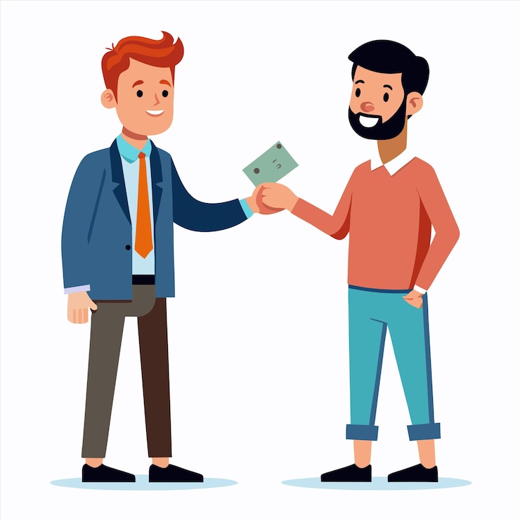 Vector un hombre le está dando a un hombre un billete de dinero