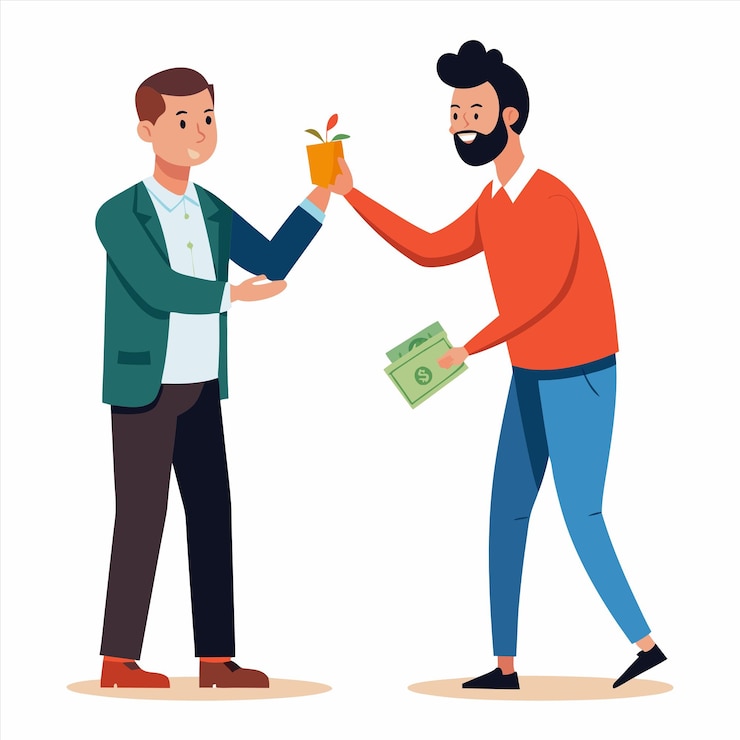 Vector un hombre le está dando un regalo a otro hombre