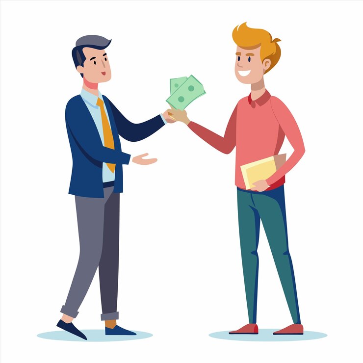 Vector un hombre le está entregando un billete de un dólar a otro hombre