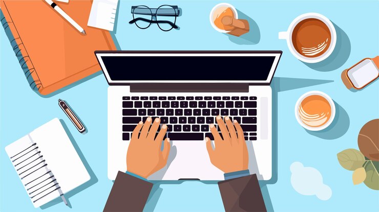 Vector un hombre está escribiendo en una computadora portátil con un vaso de vino